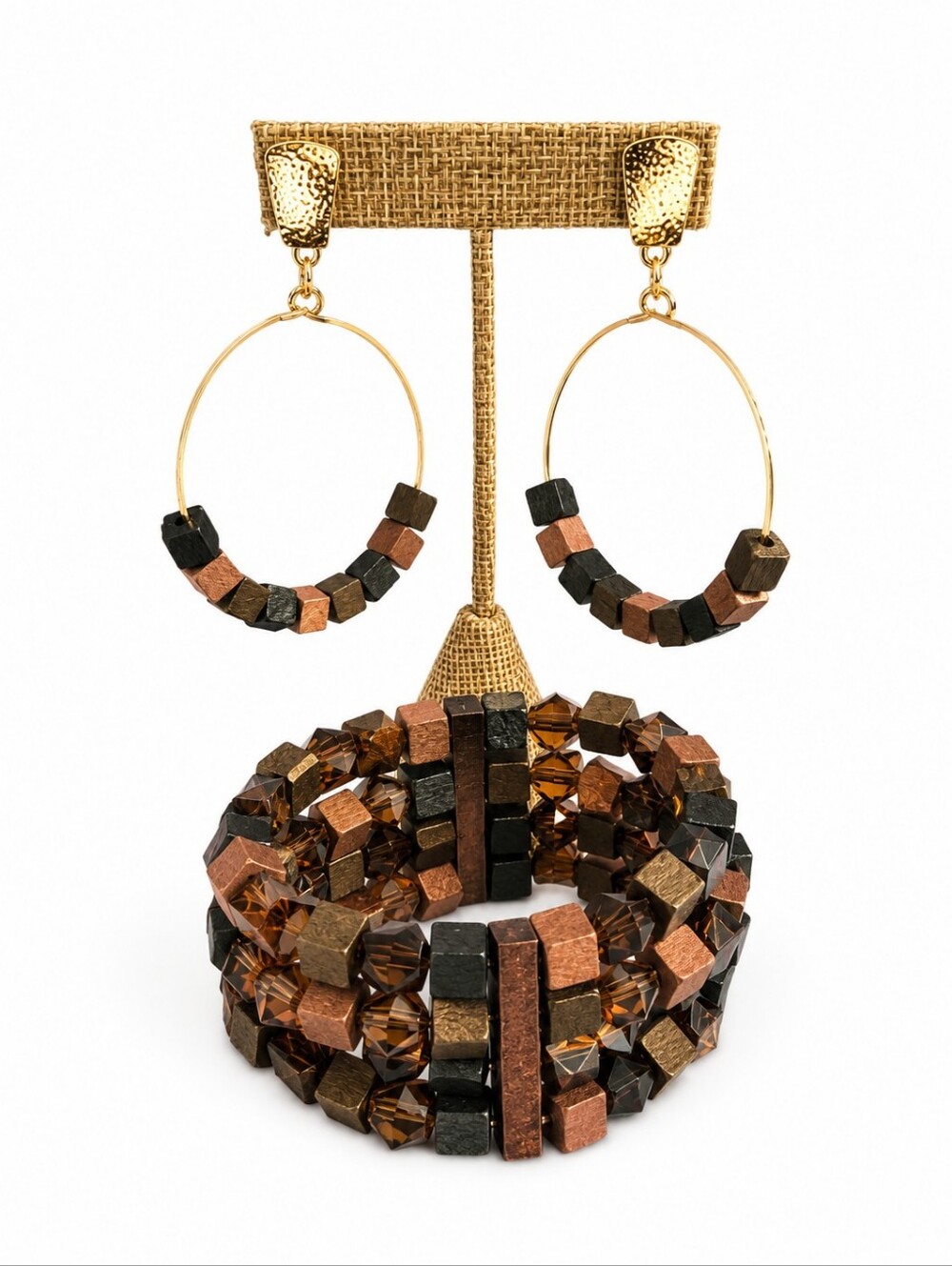 Brown Wooden Cube Hoop Earrings & Beaded Wooden Cube Cuff Bracelet, New
